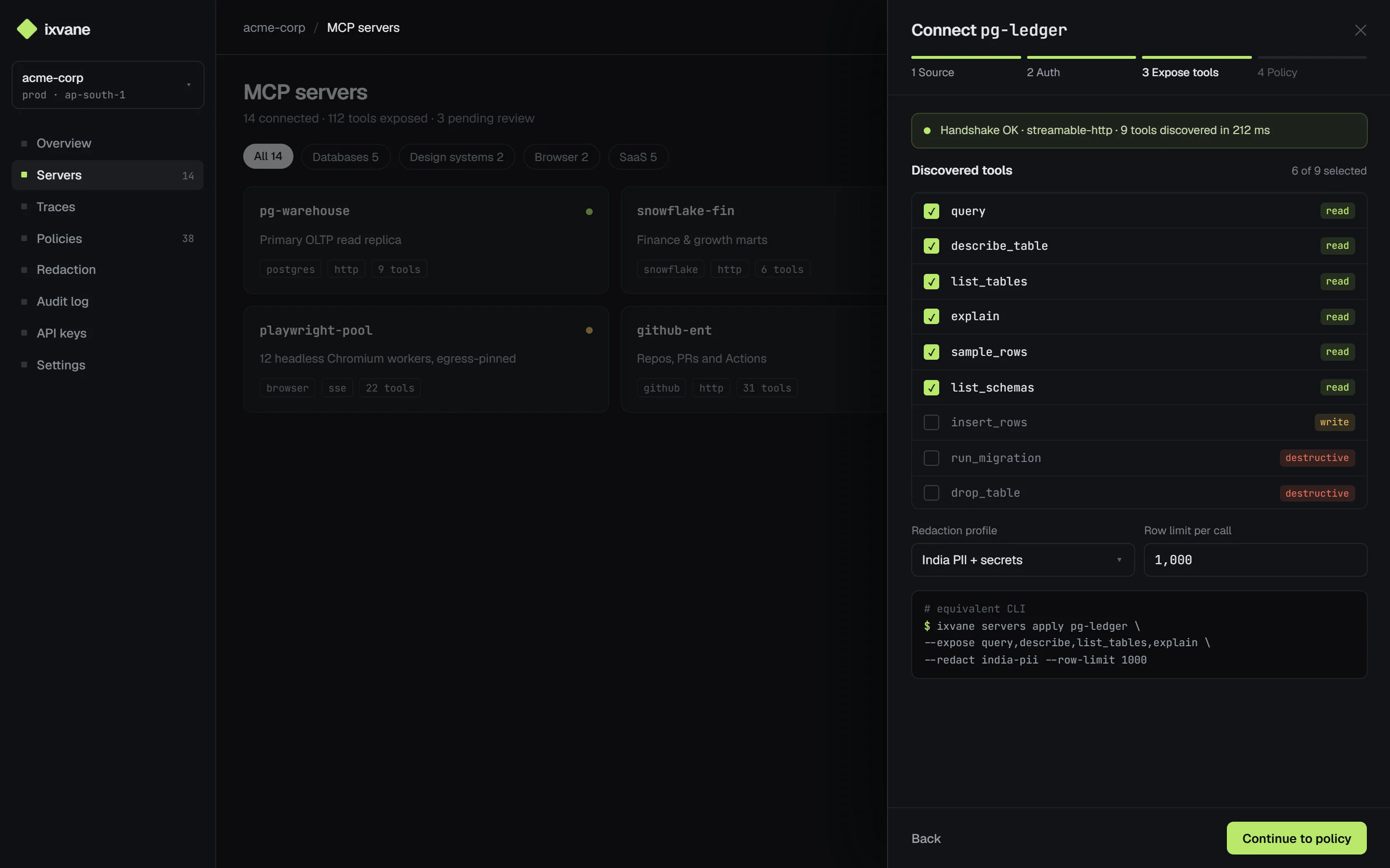 Design preview: connect-server drawer listing discovered tools with risk tags, redaction profile and row limit